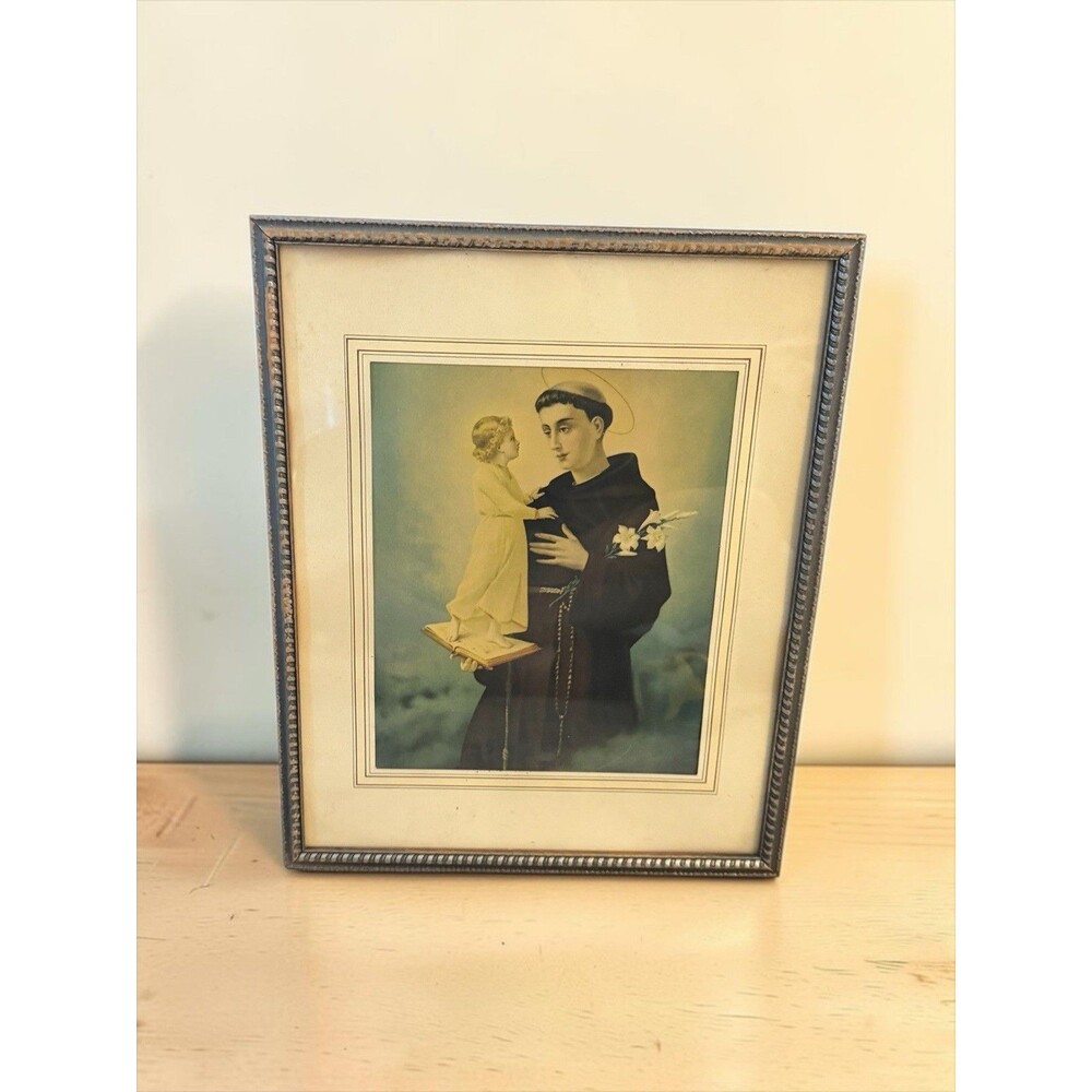 1935 Religious Lithograph Print Saint Anthony Wood Framed Paper Mat USA